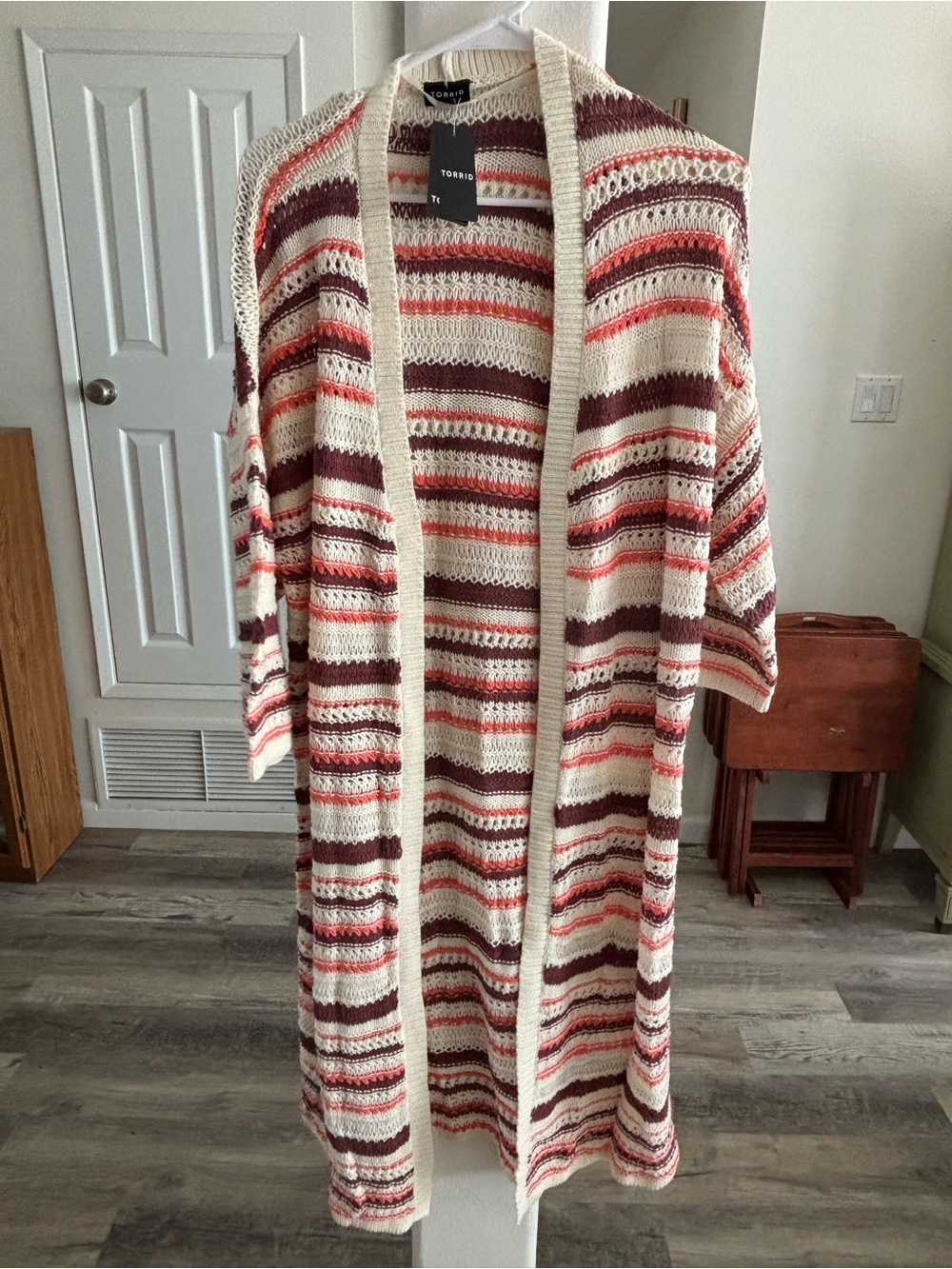 torrid Cream, Rust & Coral Striped Open-Front Duster Cardigan